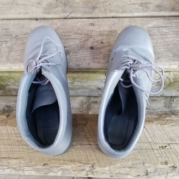 Vintage 90s y2k Steampunk Granny Punk Gray Leather Lace-up Heeled Boots Booties - Picture 5 of 10